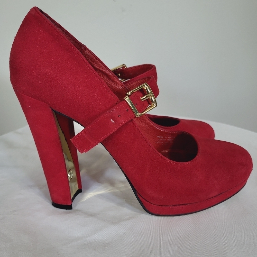 The Wishbone Collection Red Suede MaryJane Heels Size 6.5